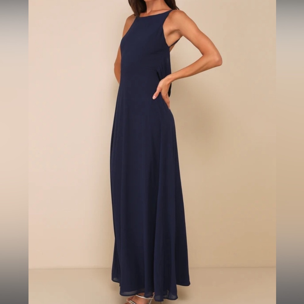 LULUS Sophisticated Pose Navy Chiffon Boat Neck Backless Maxi Dress
